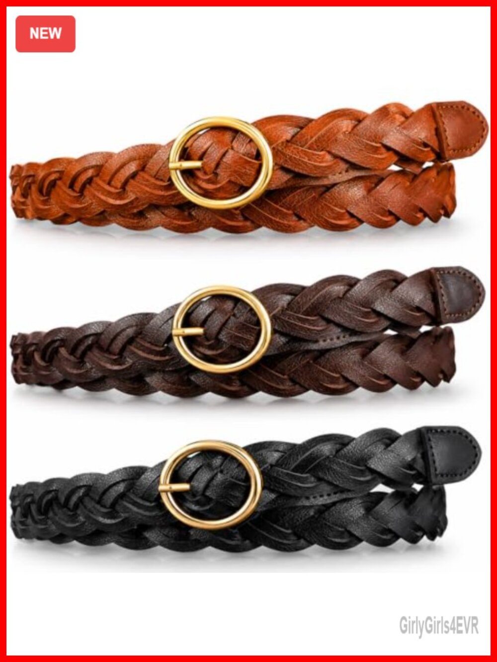 3 Pack Women's Braided PU Leather Belts with O-Ring Buckle Adjustable Skinny